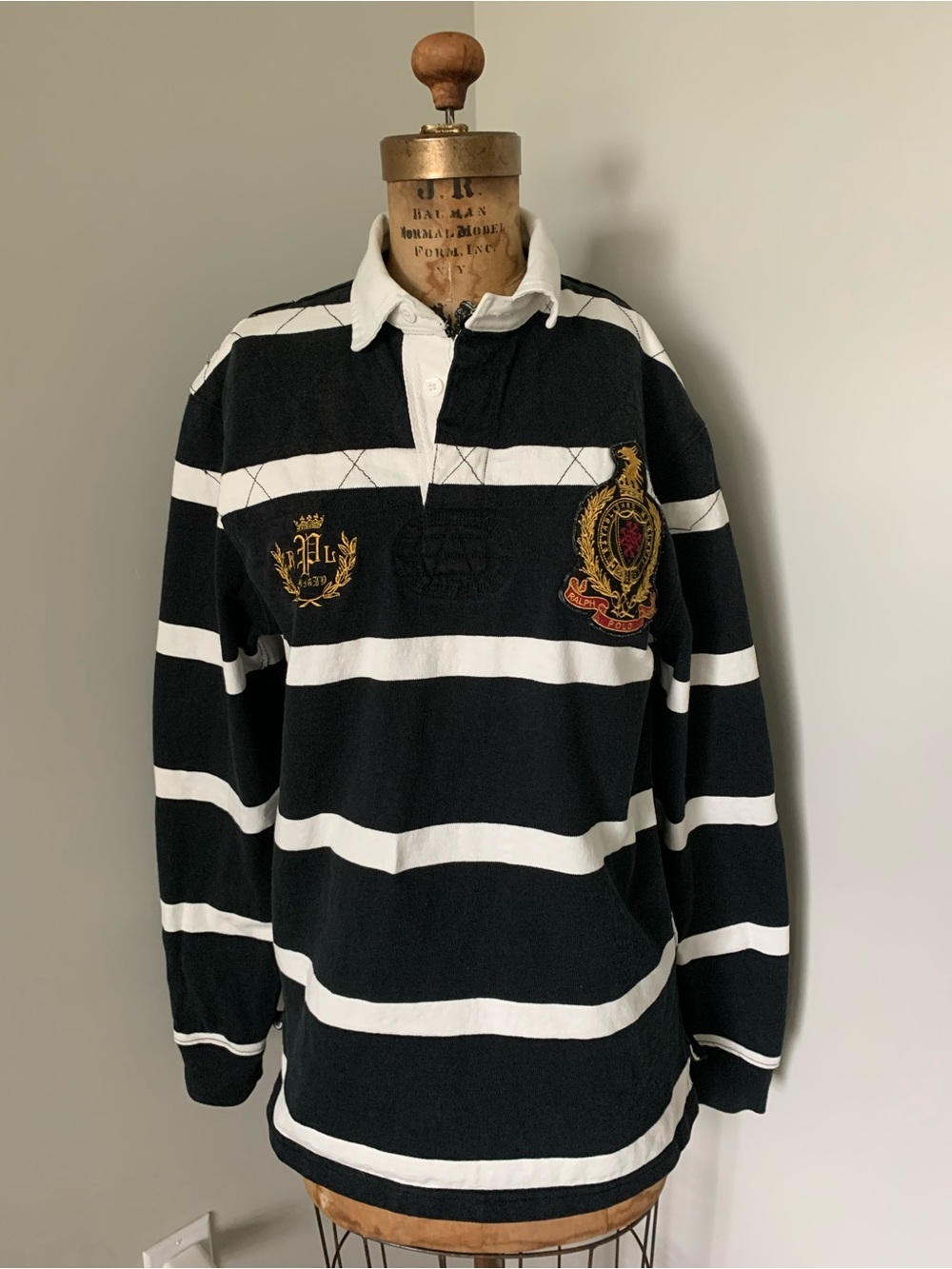 Vintage 90’s Ralph Lauren Black & White Striped Rugby Polo with Crest
